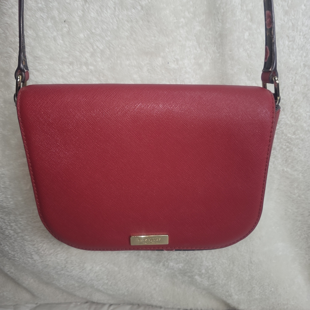 Kate Spade Crossbody Bag Floral Print Red Saffiano Flap Shoulder Purse
